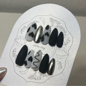 Black white heart glitter nail matte handmade acrylic press on nail, fake nail
